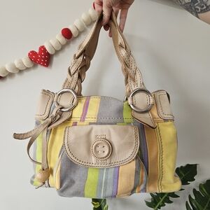 Fossil Canvas & Leather Striped Satchel Bag, Boho Pastel Y2K Shoulder Purse